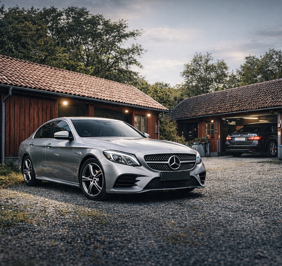 Mercedes utanför verkstaden i Össjö