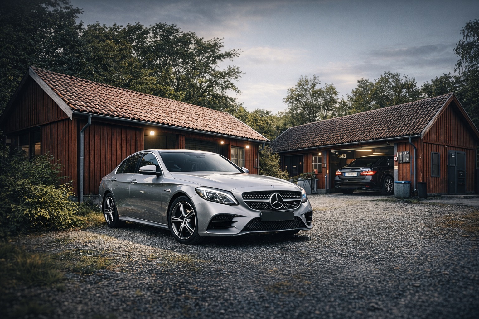 Mercedes vid gårdsmiljö utanför verkstaden
